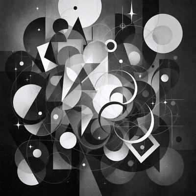 The primary subject of the image is a black and white artwork featuring a variety of geometric shapes and patterns. The setting is a black background, which contrasts with the white shapes and patterns. The visual style is a combination of digital art and illustration, creating a unique and intricate design. The dominant colors are black and white, giving the artwork a classic and timeless appearance. The overall atmosphere is one of creativity and artistic expression.